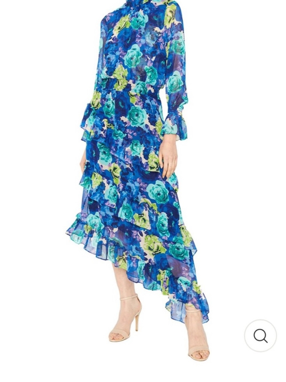 MISA Blue Floral Print Smocked Mock Neck Long Sleeve Chiffon
Asymmetric Dress S